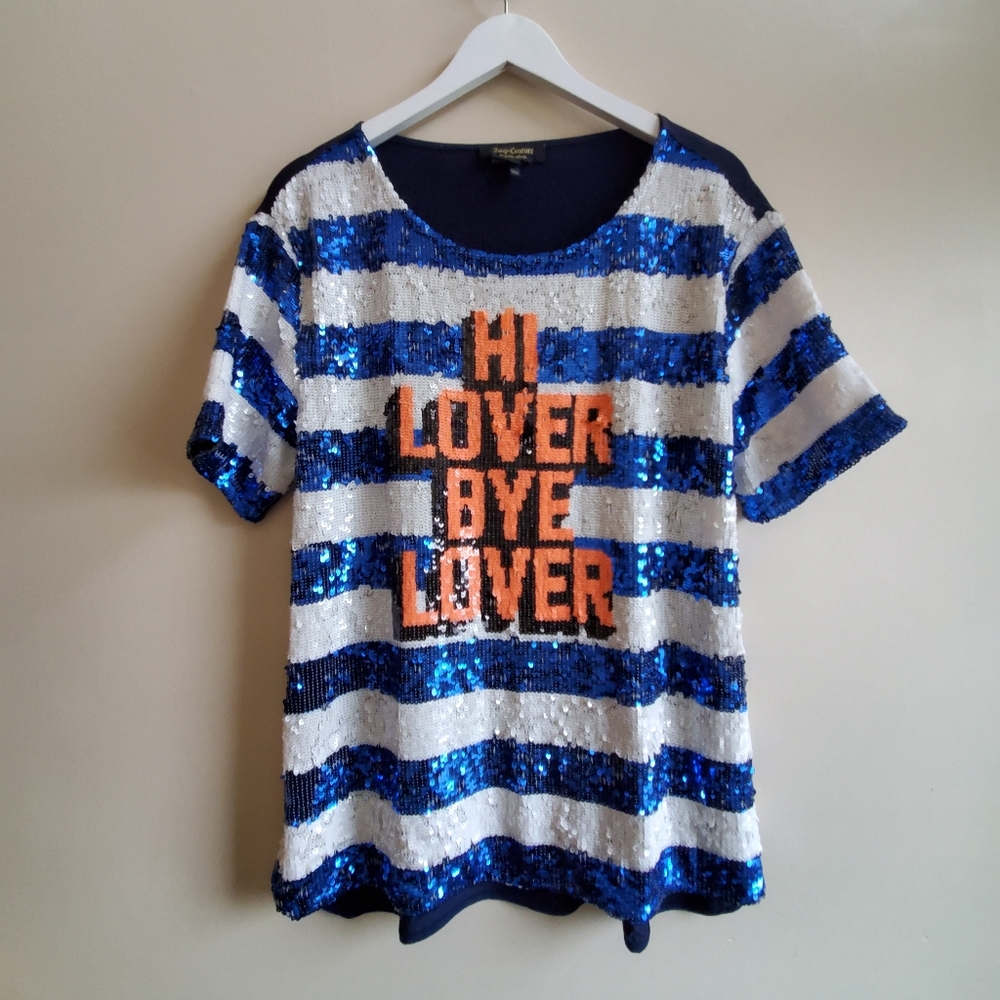 Juicy Couture Sequin Striped Graphic Hi Lover Bye Lover Short Sleeve top, L